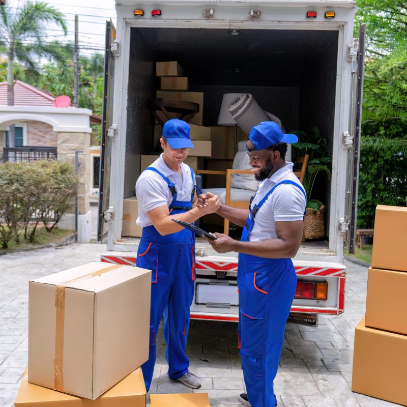 Professional goods move service use truck carry personal belongings door to door transport delivery handover boxes luggage one by one and keep stack on the floor before transfer to place in house